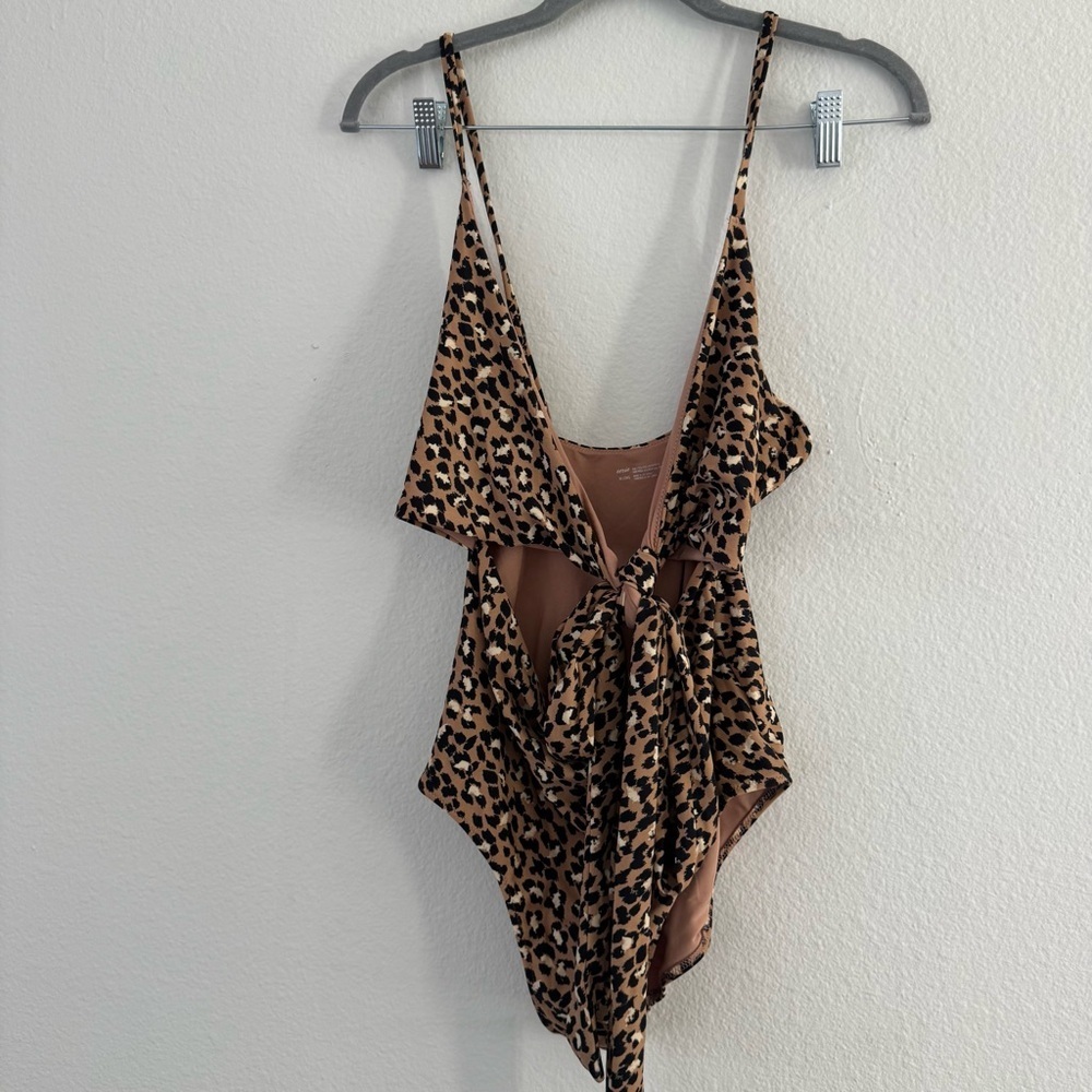 Aerie Brown Leopard Full Coverage One Piece Swimsuit Wrap Tie Front Medium Long